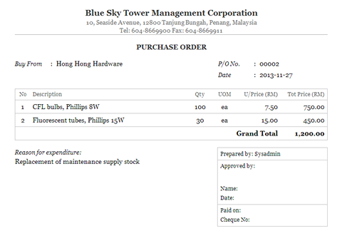 Purchase Order Print Out